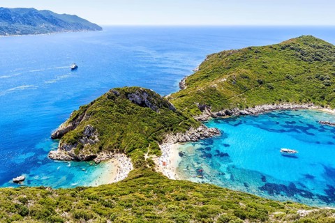 Porto Timoni Beach with turquoise blue sea on the island of Corfu, Greece, Europe