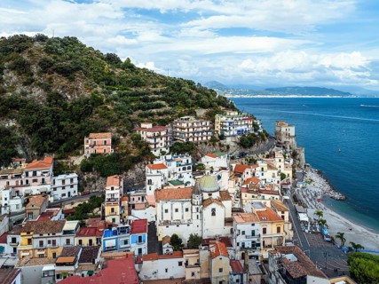 Cetara from a drone, Amalfi Coast, Salerno, Campania, Italy, Europe