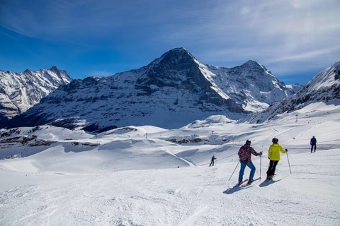 25 March 2024: Skiing against the backdrop of the north face of the Eiger in Grindelwald,