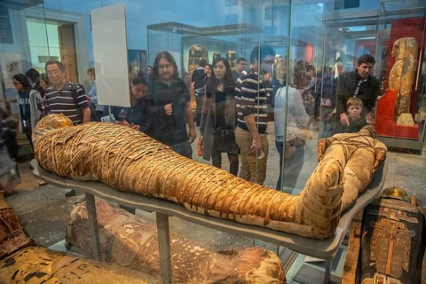 Mummies in Hall of Ancient Egypt, British Museum, London, England, United Kingdom, UK, Great