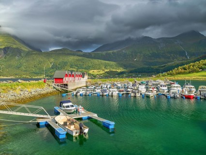 Boat harbour near Aldersund, Rorbu, Helgeland coast, Norway, Europe