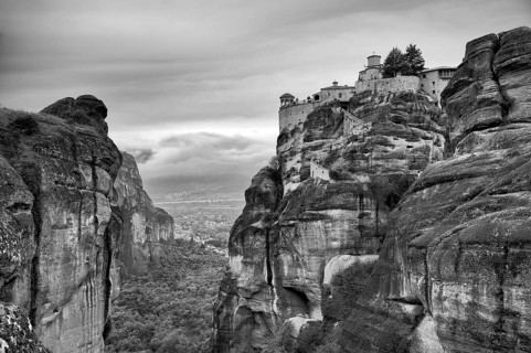 Monastery of Varlaam, Metéora Monasteries, Kalambaka, black and white, Trikala, Thessaly, Greece,