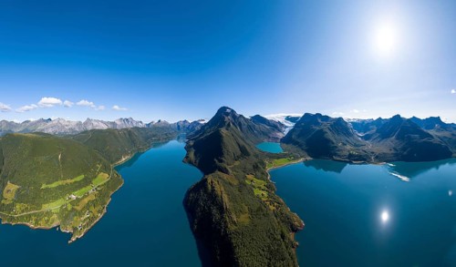 Glacier tongue of the Svartisen glacier with glacial lake and fjord, Helgeland coast, Nordland,