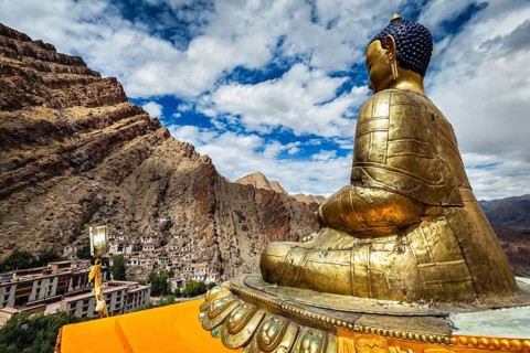 Buddha Shakyamuni statue overlooking Hemis monastery -Tibetan Buddhist monastery (gompa) of the