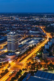MUNICH, GERMANY, MAY 11: Aerial view of BMW Museum & BWM Welt & factory from Olympic Tower in the