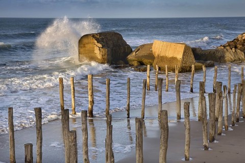 World War II concrete blockhouses on beach at Wissant, Nord-Pas de Calais, France, Europe