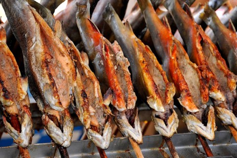 Steckerlfisch, fish, freshwater fish grilled on a stick over charcoal, historic Wies'n, Oide Wiesn,