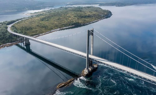 Aerial view of suspension bridge over fjord Efjord, road E6, northern Norway