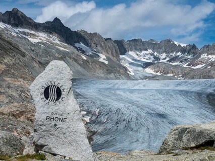Monument above the Rhone glacier, to mark the source of the Rhone River, Switzerland, Europe
