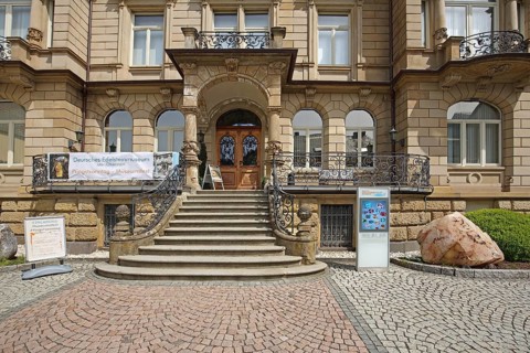 German Gemstone Museum, entrance with stairs and mineral stone, Idar-Oberstein, Hunsrück,