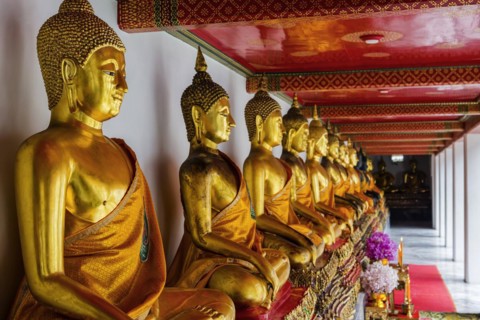 Historic Buddha statues at Wat Pho Temple, sitting, seated, Buddhism, religion, world religion,