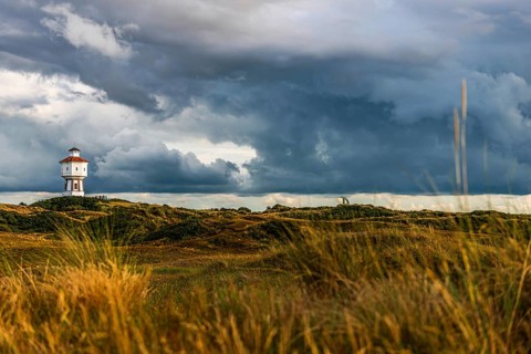 Water tower, clouds, weather, gloomy, cloudy, cloudy sky, storm, stormy, dune landscape, North Sea