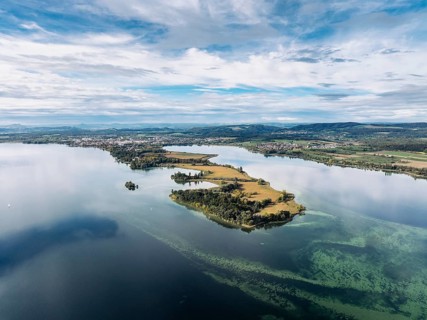 Aerial view of the Mettnau peninsula near Radolfzell on Lake Constance, the Hegau mountains on the
