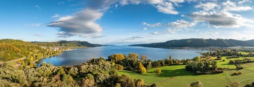 Aerial view, panorama of the Stockach Aach estuary with autumn vegetation at the northwest bay of