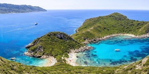 Porto Timoni Beach with turquoise blue sea panorama on the island of Corfu, Greece, Europe