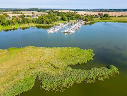 Aerial view, drone photo of the Krummin natural harbour, Krumminer Wiek on the Peene River, Usedom