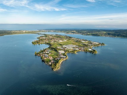 Aerial view, of the north-western tip of the island of Reichenau in Lake Constance, with the
