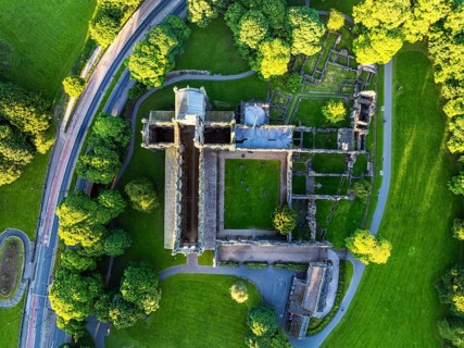 Top Down over Kirkstall Abbey from a drone, Kirkstall, River Aire, Leeds, West Yorkshire, England,