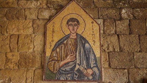 Monastery of Our Lady of Mount Filerimos, mosaic depiction of a holy person in front of a stone