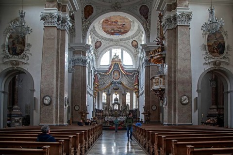 Church, baroque basilica of St. Mang, interior view, Füssen, Ostallgäu, Bavaria Germany