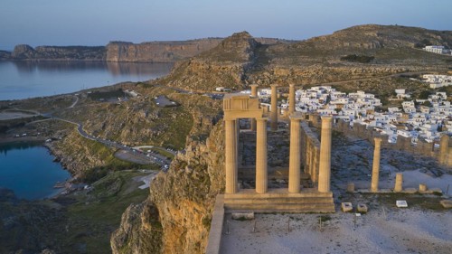Drone shot, first morning light, Lindos, Acropolis of Lindos, Temple of Athena Lindia, Acropolis