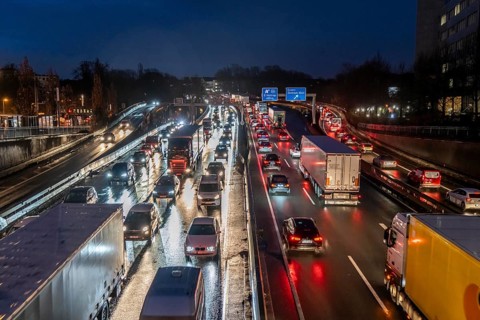 Evening traffic jam on the A40 motorway, Essen-Huttrop junction, traffic jam in both directions,