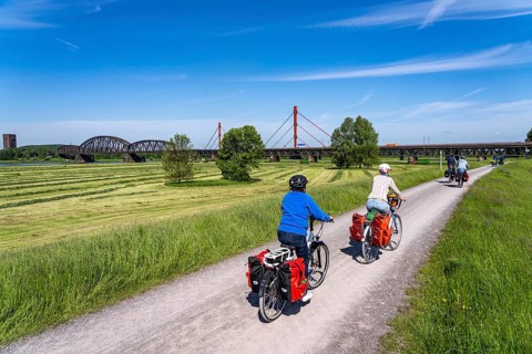 Rhine meadows near Duisburg-Beeckerwerth, footpath, cycle path on the Rhine dyke, cycle path,
