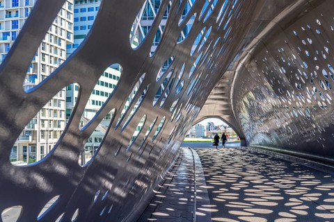 Light effects from the sun in the Parkbruk, a cycle and pedestrian bridge in the city centre of