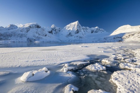 Frozen fjord with snow-covered mountains, Flakstadpollen, Flakstadøya, Lofoten, Norway, Europe