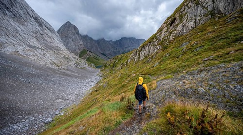A mountaineer on a hiking trail with lush green vegetation, hiking trail to the Wolayerseehütte,