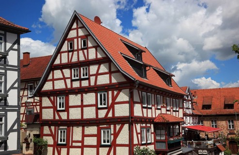Half-timbered house in the old town centre, Schlitz, small town in the east of the Vogelsberg