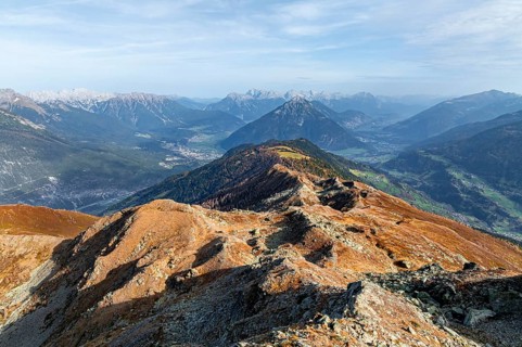 Kreuzjoch summit, view of Tschirgant summit and the Oberinntal valley and into the Pitztal valley,