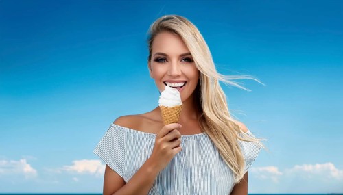 A blonde woman enjoys eating an ice cream in a cone