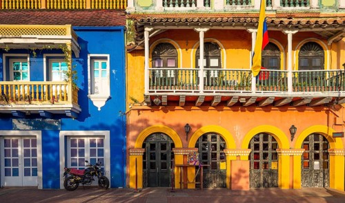 Colombia, Scenic colorful streets of Cartagena in historic Getsemani district near Walled City