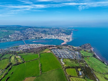Coast View Holiday Park, Farms and Fields over River Teign from a drone, Teignmouth, Shaldon,