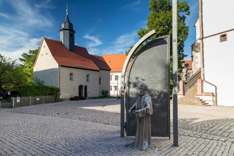 Emmaus Church and Martin Luther Monument at Martin-Luther-Platz, Borna, Saxony, Germany, Europe