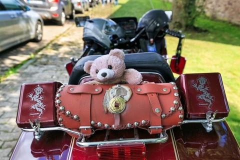 Motorbike with panniers and teddy bear parked at the roadside, Kawasaki, retro, Lower Saxony,