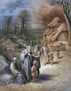Pilgrims being fed by peasants, Historical, digitally restored reproduction from a 19th century