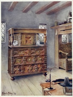 Furniture around the turn of the century 1900, The Putnam cupboard of English oak and cedar, Carved