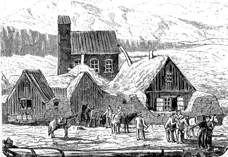 Country vicarage and church in Thingvalla in Iceland, in 1870, Historical, digital reproduction of