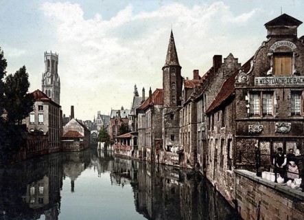 The Canal and Belfry, Bruges, Belgium, Historical, digitally restored reproduction from a 19th
