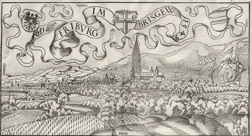 The cathedral of Freiburg im Breisgau in 1549, Baden-Württemberg, Germany, reproduction from a