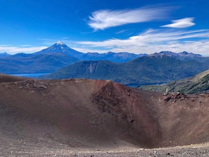 The crater at the summit of the Achen Niyeu volcano, Lanin in the background, in Lanin National