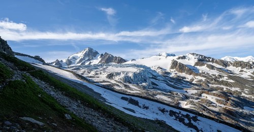 High alpine mountain landscape, summit of the Aiguille de Chardonnet and Glacier du Tour, glaciers