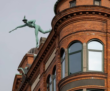 Former Varehuset department stores' Trade fairs with Hermes statue by Julius Schultz, Copenhagen,