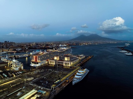 Naples Ferry Terminal at night from a drone, Molo Immacolatella Vecchia, Naples, Campania, Italy,