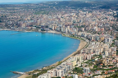 Oblique aerial view of city of Vlore, Albania, Europe