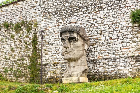 Giant sculpture head of Roman emperor Constantine the First (272-337 AD), Berat Castle, Berat,