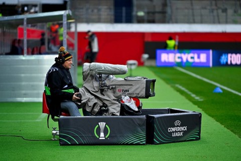 TV camera, cameraman, UEFA Conference League logo, Voith-Arena, Heidenheim, Baden-Württemberg,