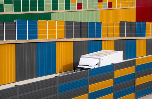 Colourful noise barriers on the A52 motorway, at the Essen-Rüttenscheid junction, the noise